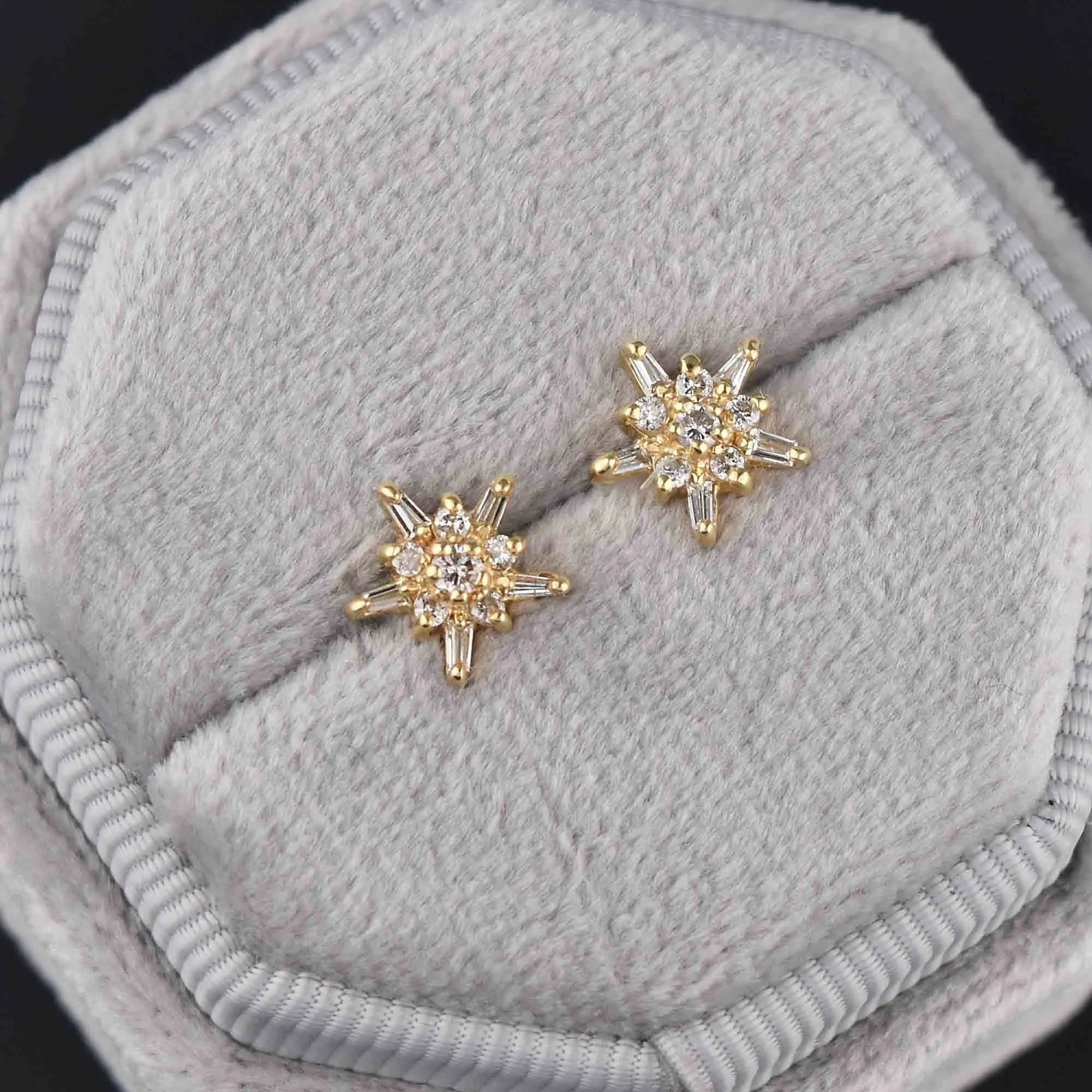 14K Gold Star Shape Baguette Diamond Stud Earrings