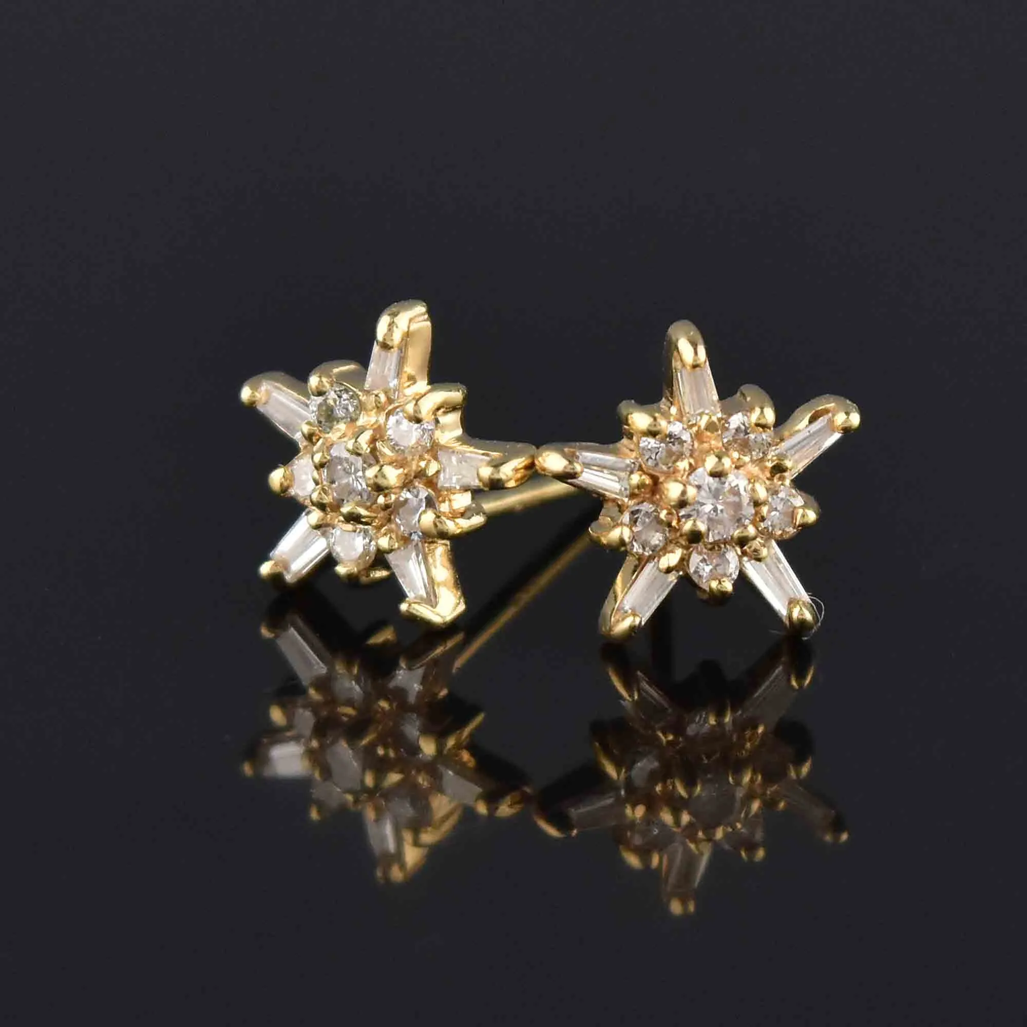 14K Gold Star Shape Baguette Diamond Stud Earrings