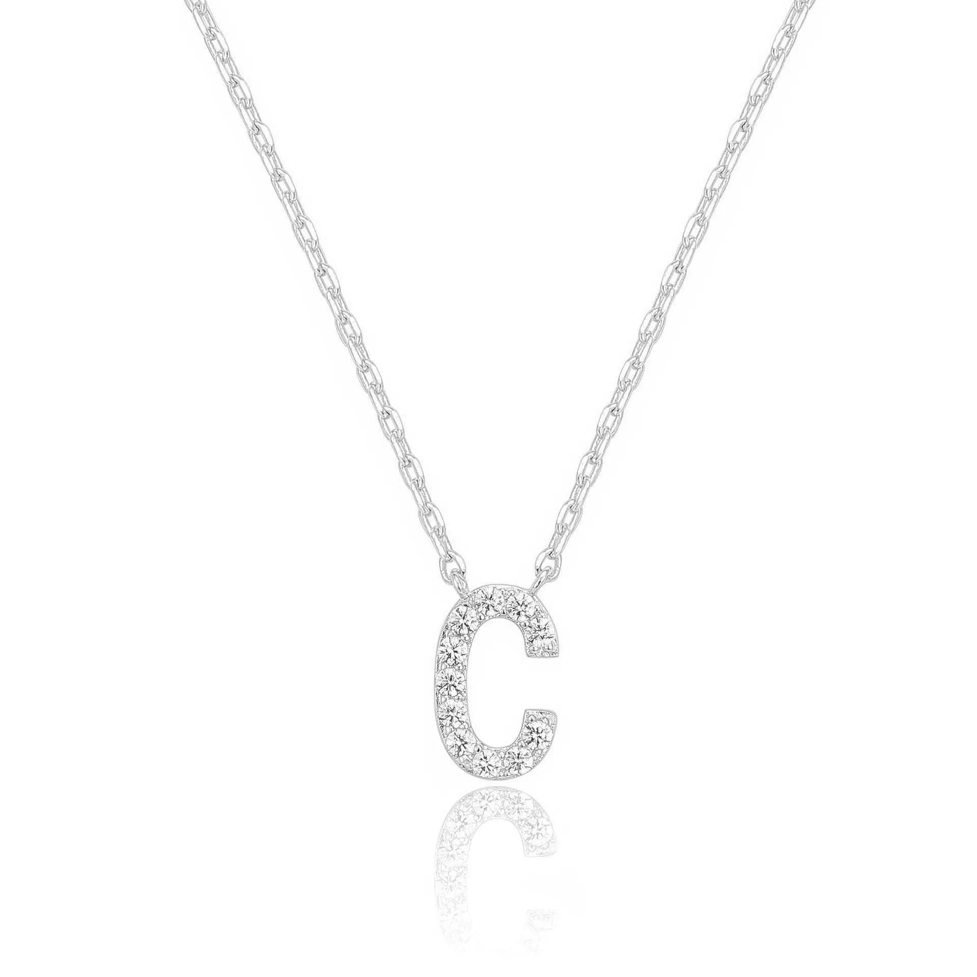 14k White Gold Created Diamond Initial C Letter Pendant Necklace Plated