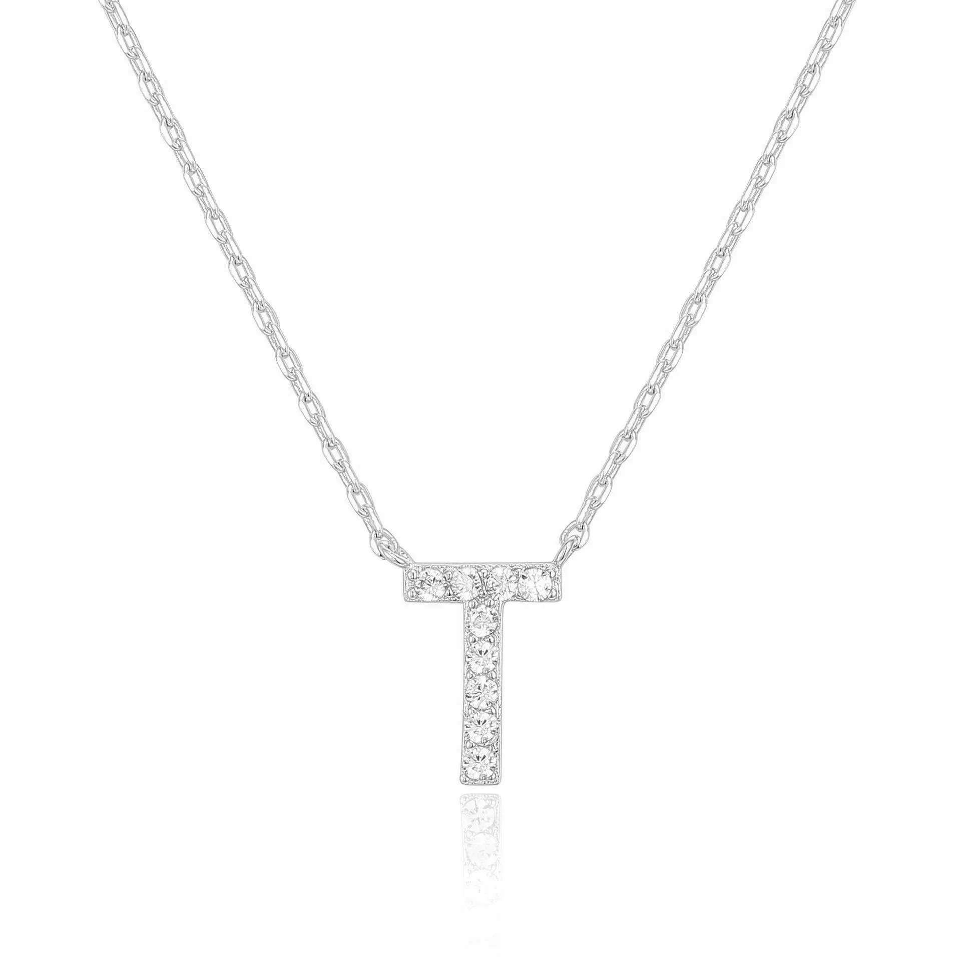 14k White Gold Created White Sapphire Initial T Letter Pendant Necklace Plated