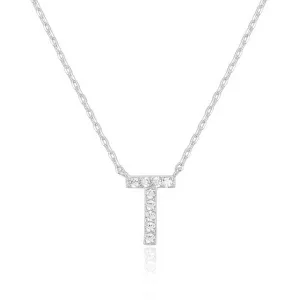 14k White Gold Created White Sapphire Initial T Letter Pendant Necklace Plated