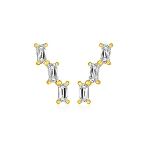 14k Yellow Gold Climber Post Earrings with Baguette Cubic Zirconias