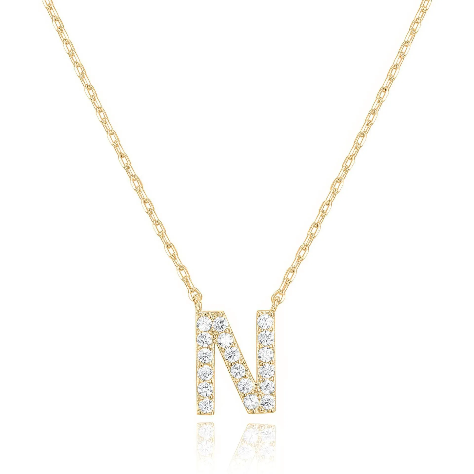 14k Yellow Gold Created White Sapphire Initial N Letter Pendant Necklace Plated