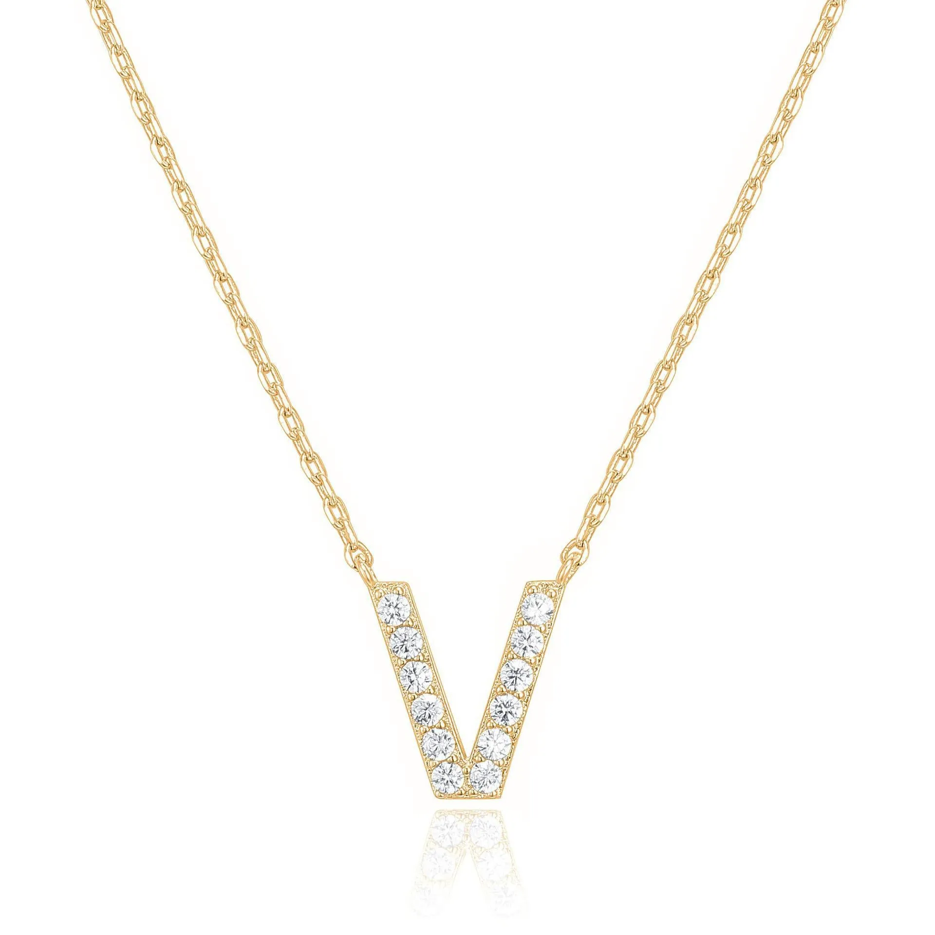 14k Yellow Gold Created White Sapphire Initial V Letter Pendant Necklace Plated