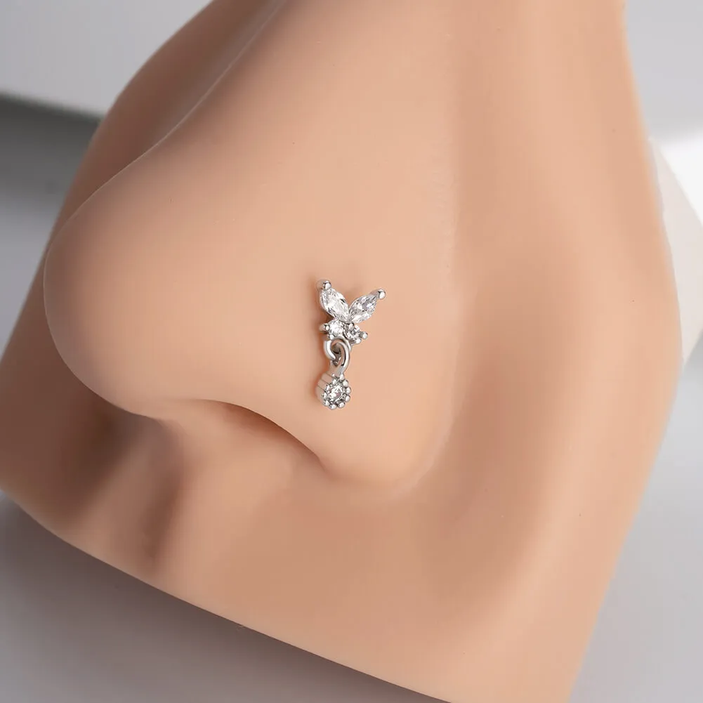 20G L Shape Round CZ Dangle Butterfly Nose Stud