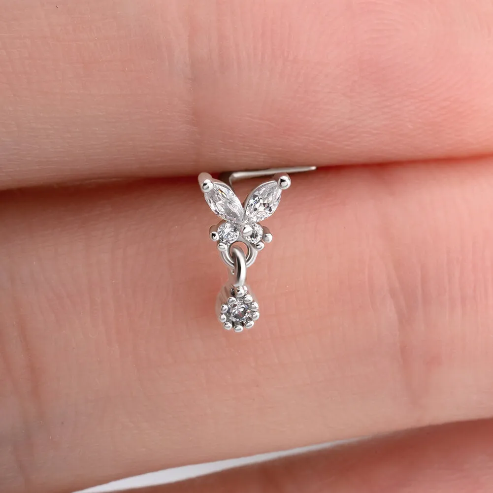 20G L Shape Round CZ Dangle Butterfly Nose Stud