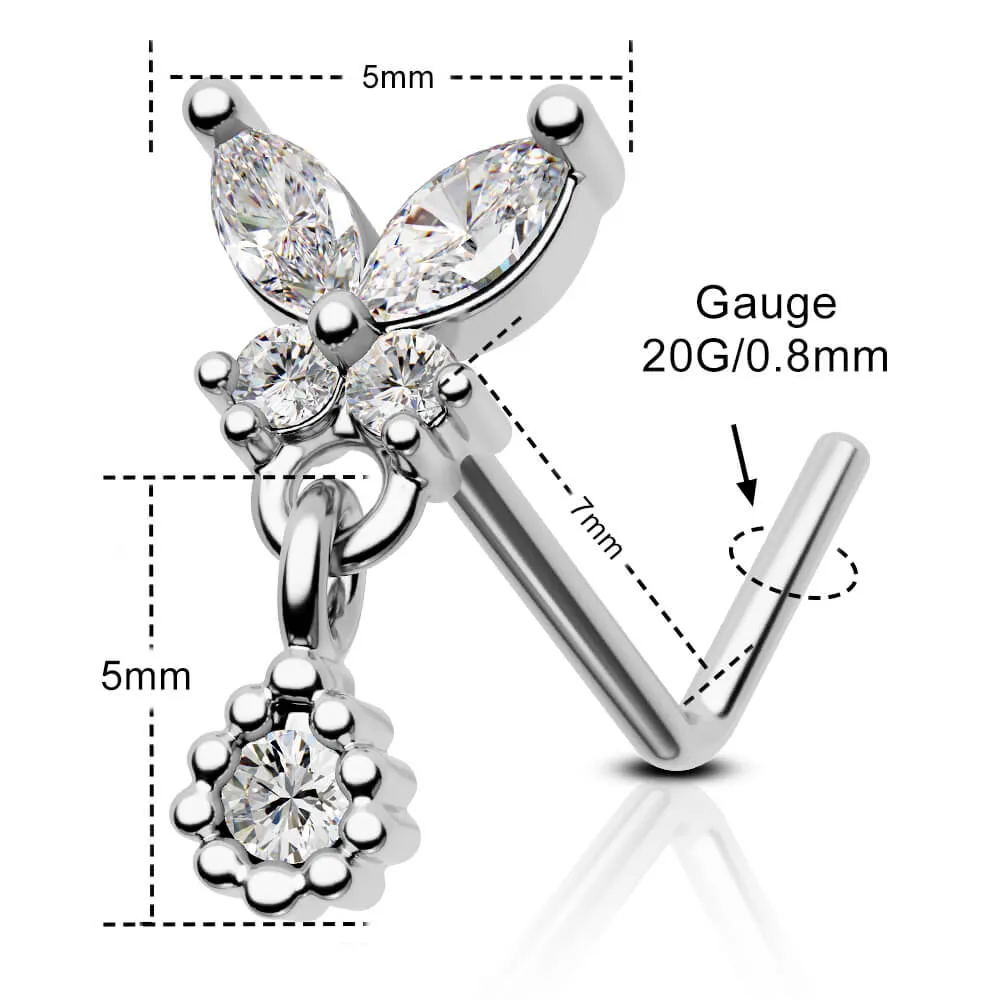 20G L Shape Round CZ Dangle Butterfly Nose Stud