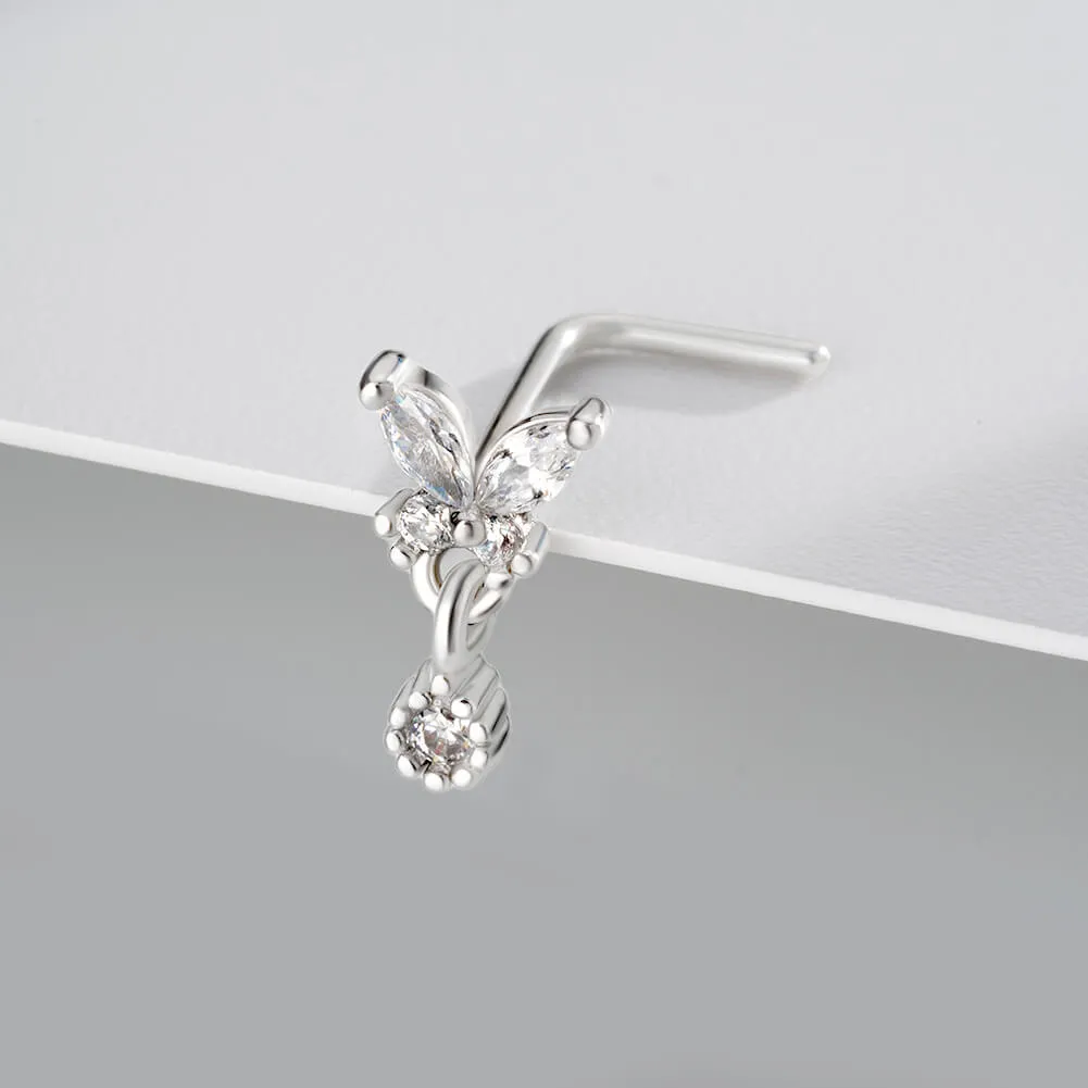 20G L Shape Round CZ Dangle Butterfly Nose Stud