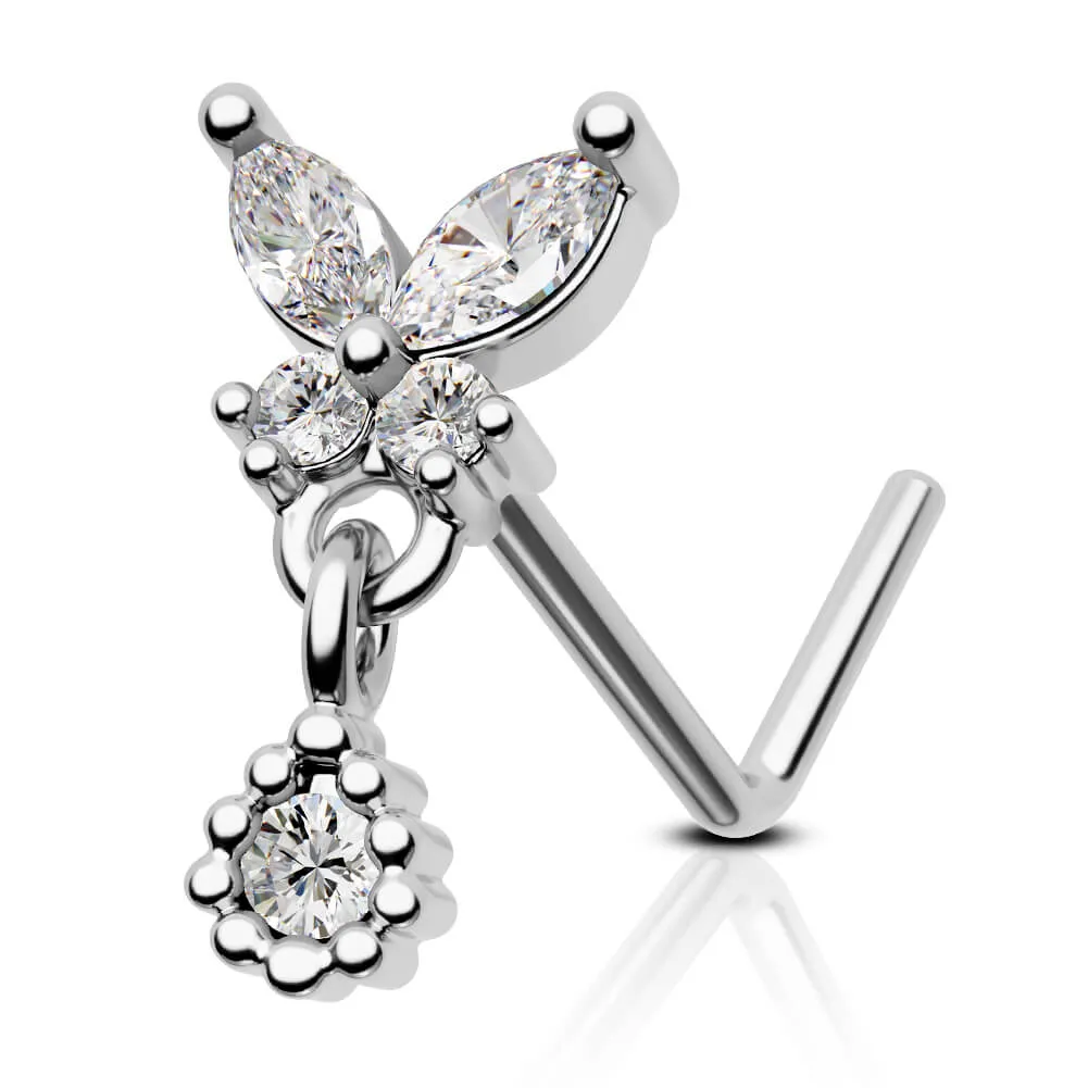 20G L Shape Round CZ Dangle Butterfly Nose Stud