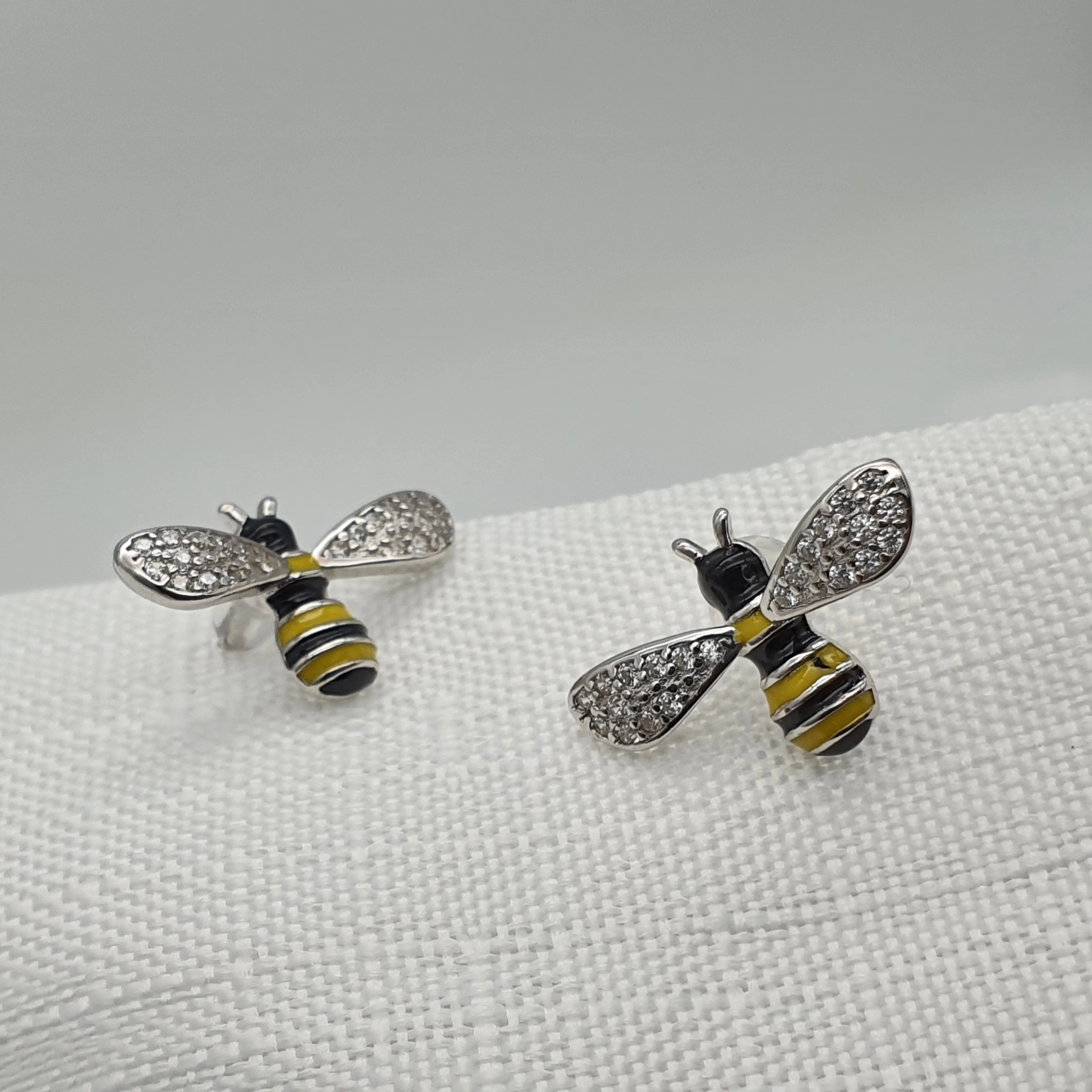 3D Yellow Bee Stud Earrings, Sterling Silver