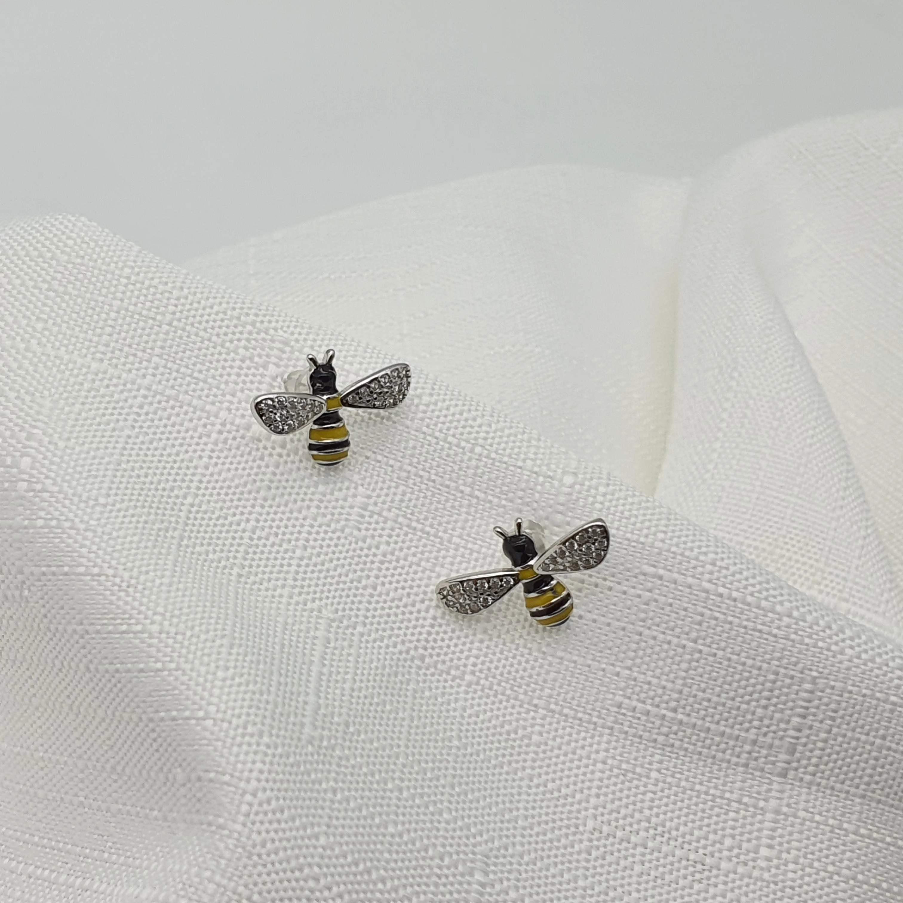 3D Yellow Bee Stud Earrings, Sterling Silver