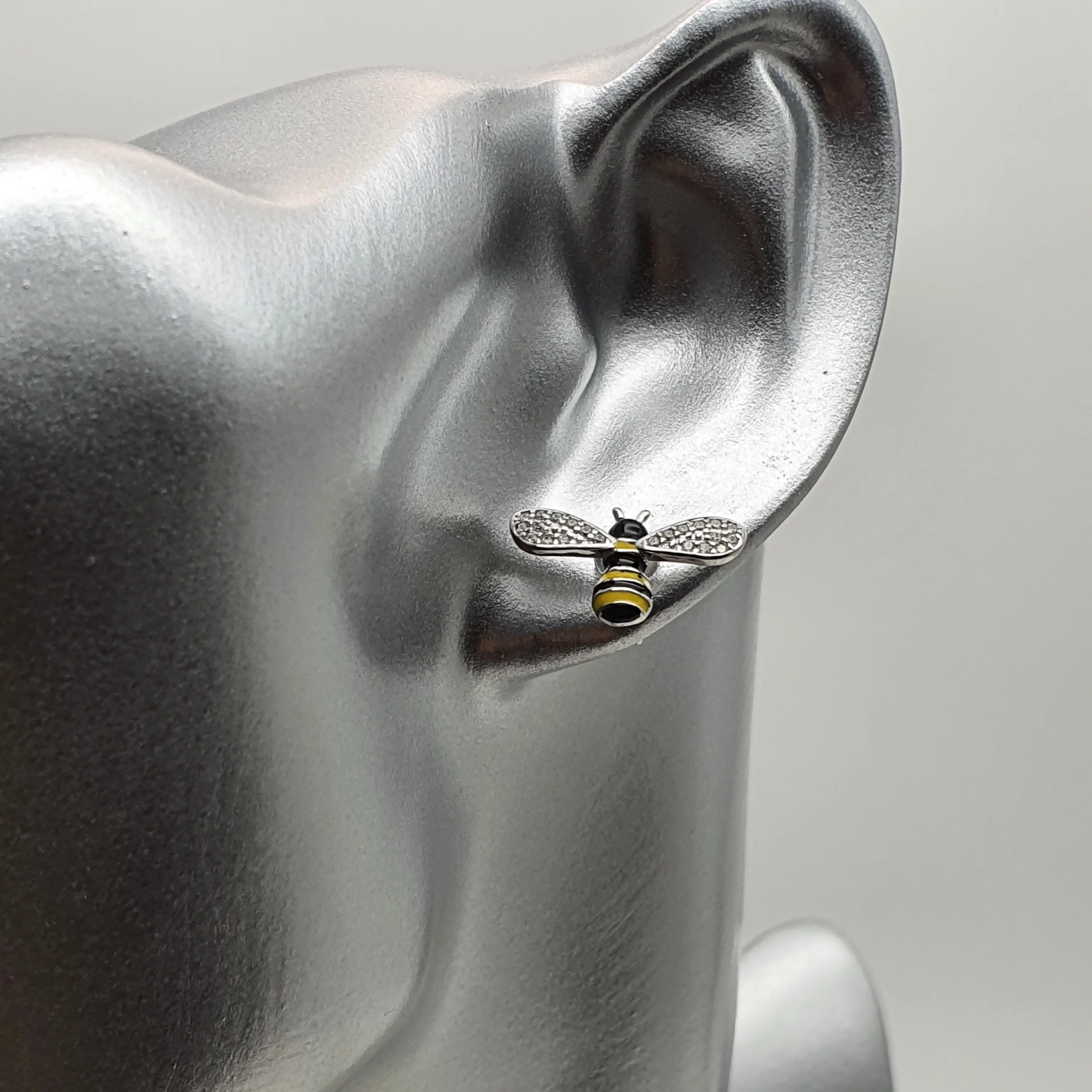 3D Yellow Bee Stud Earrings, Sterling Silver