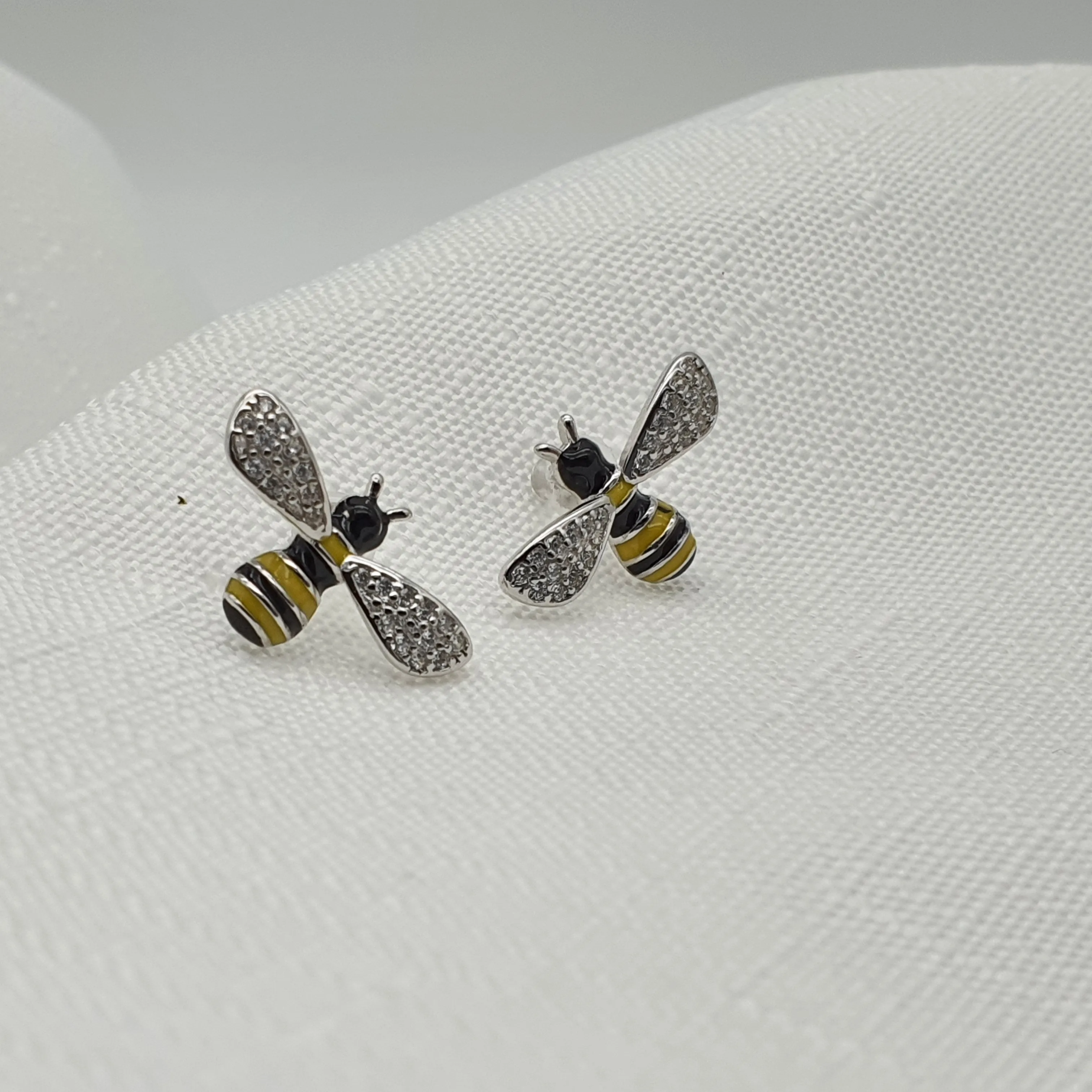 3D Yellow Bee Stud Earrings, Sterling Silver