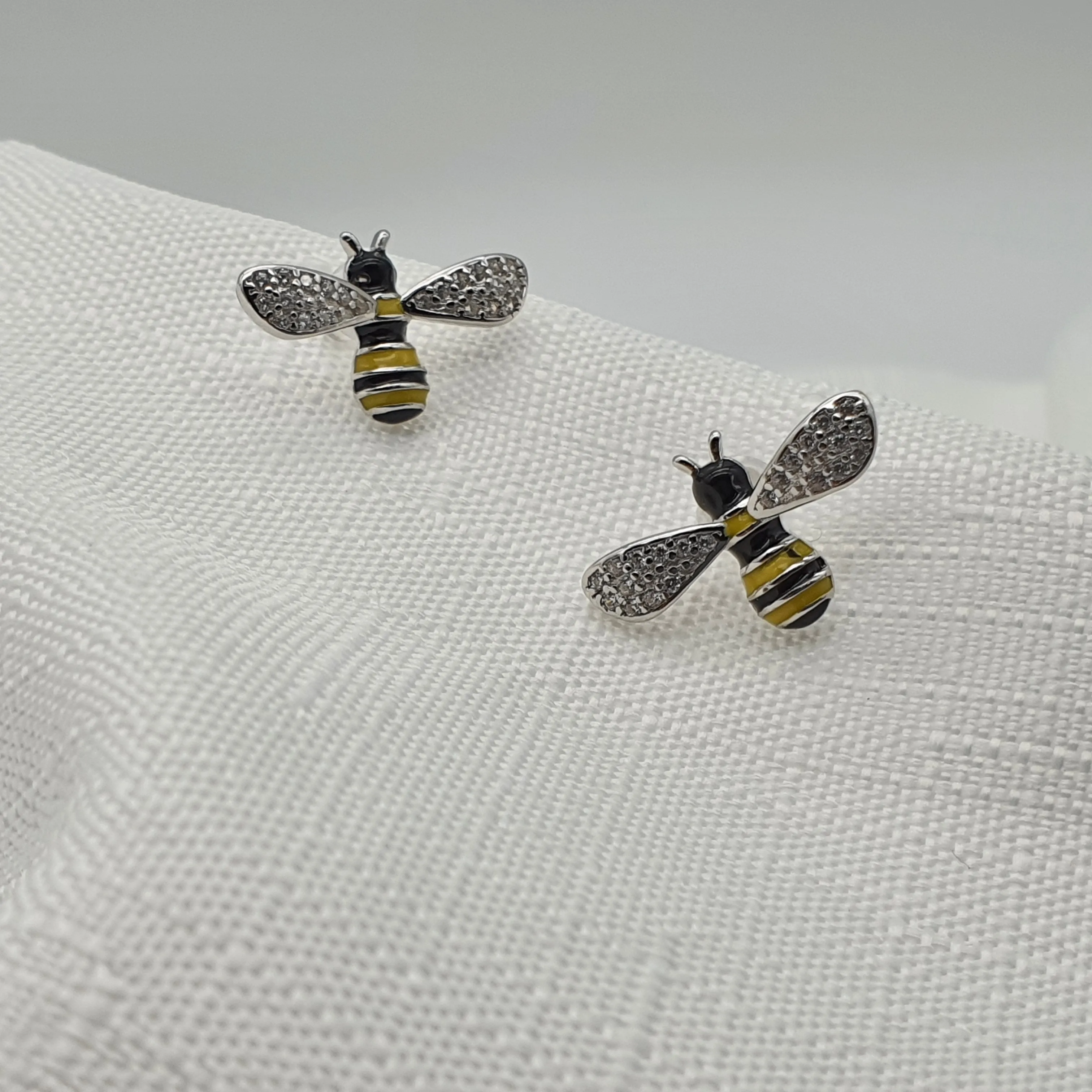 3D Yellow Bee Stud Earrings, Sterling Silver