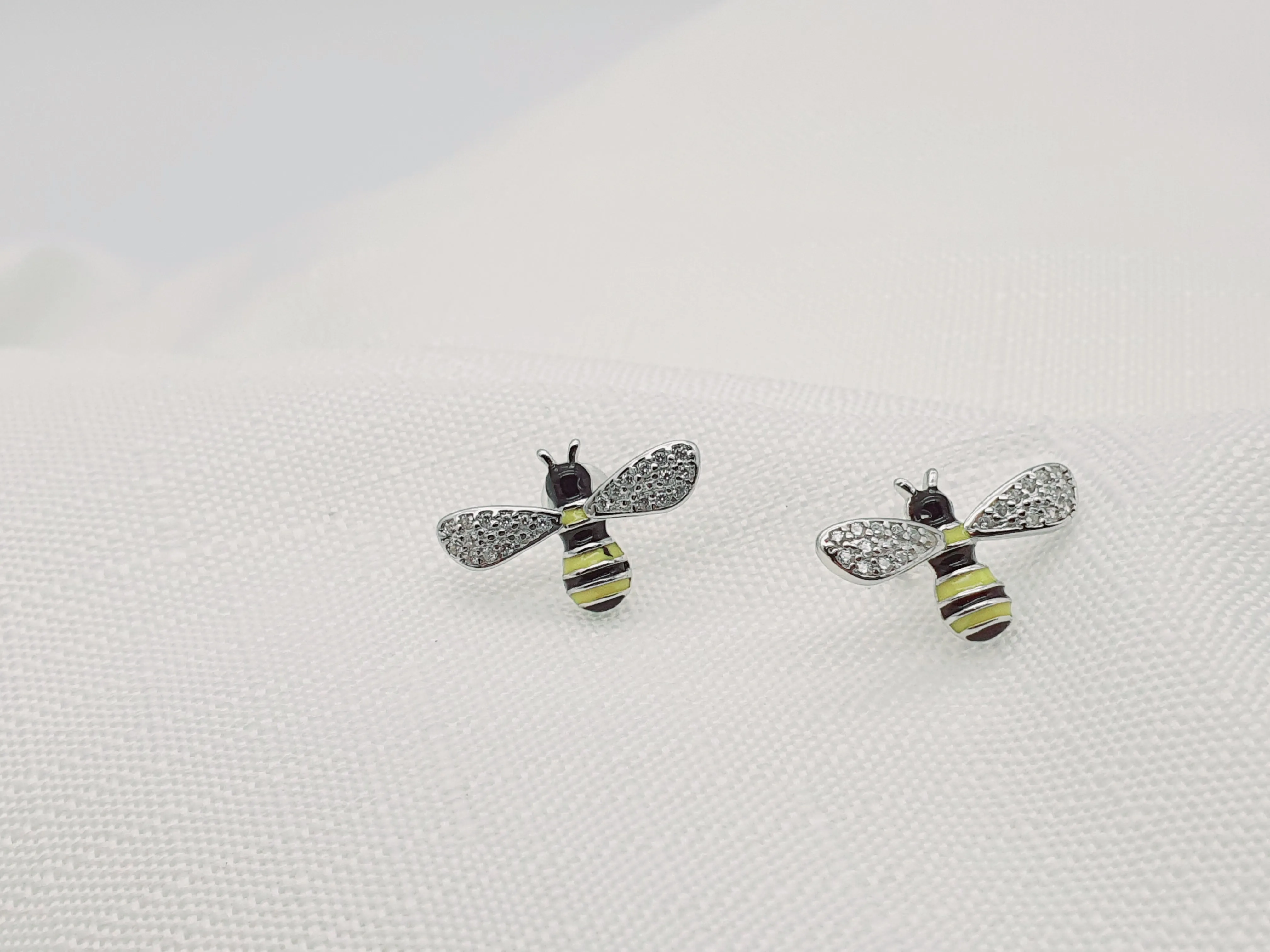 3D Yellow Bee Stud Earrings, Sterling Silver