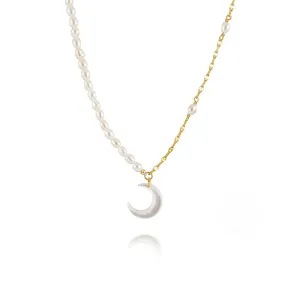 925 Silver Crescent Moon Pendant Pearl Necklace