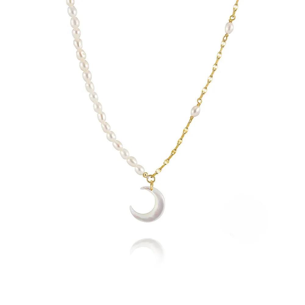 925 Silver Crescent Moon Pendant Pearl Necklace