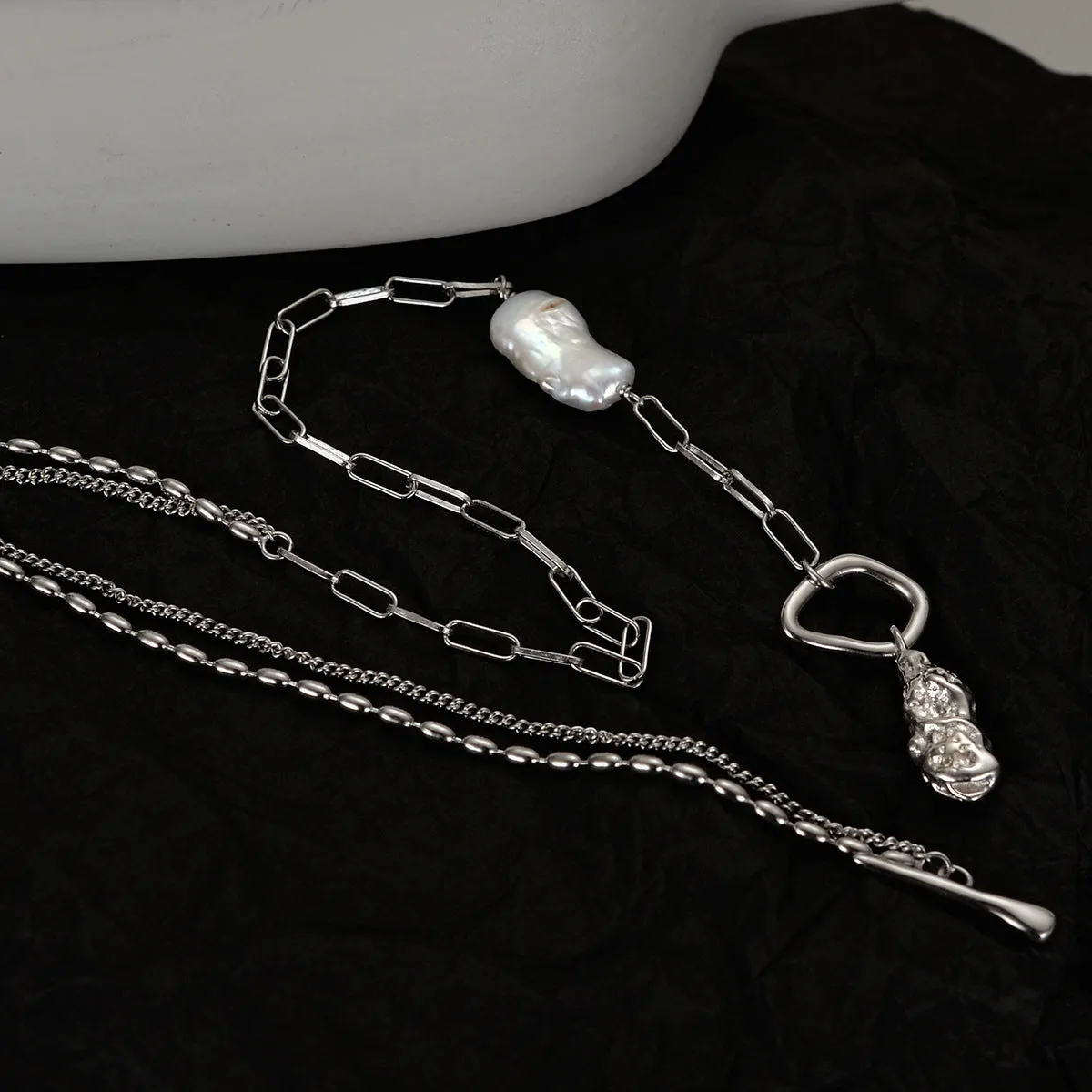 925 Silver Textured Unique Pearl Necklace