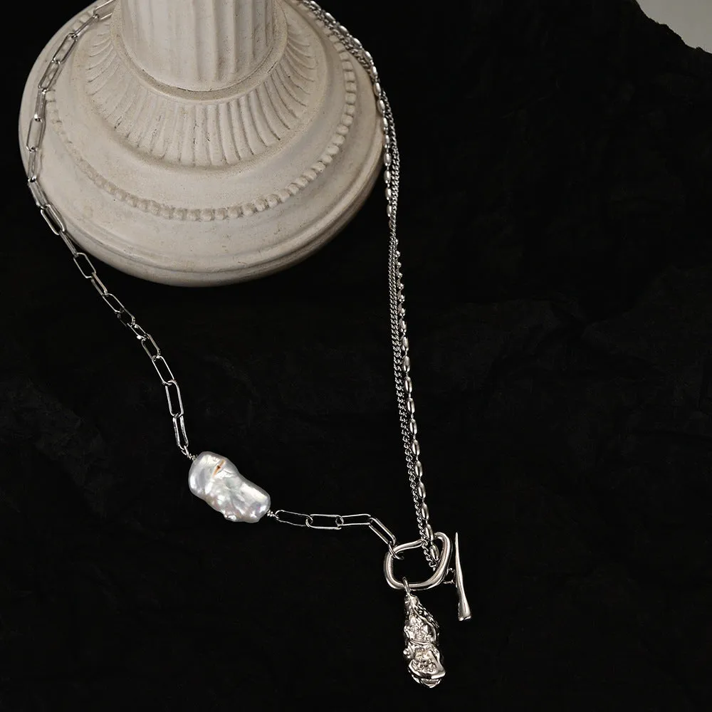 925 Silver Textured Unique Pearl Necklace