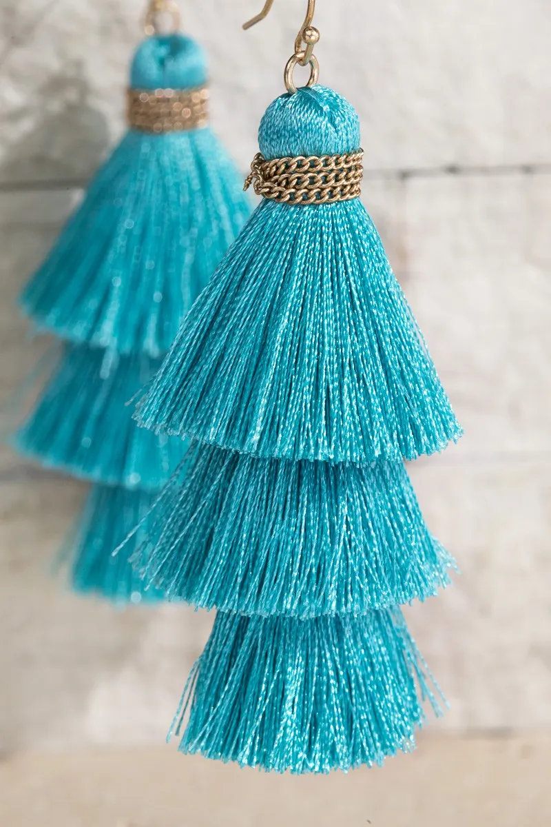 Aqua Triple Tiered Tassel Earrings