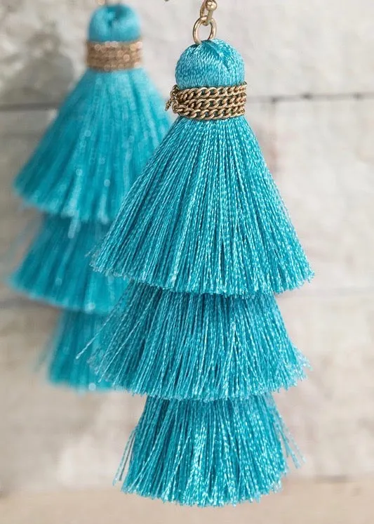 Aqua Triple Tiered Tassel Earrings