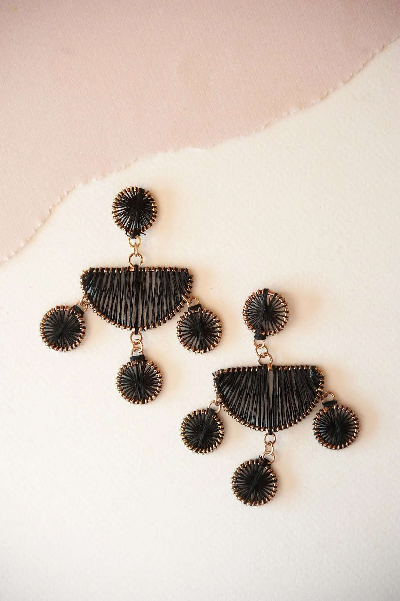 Baylee Threaded Geometric Dangle | Black and Gold Whipstitched Earring