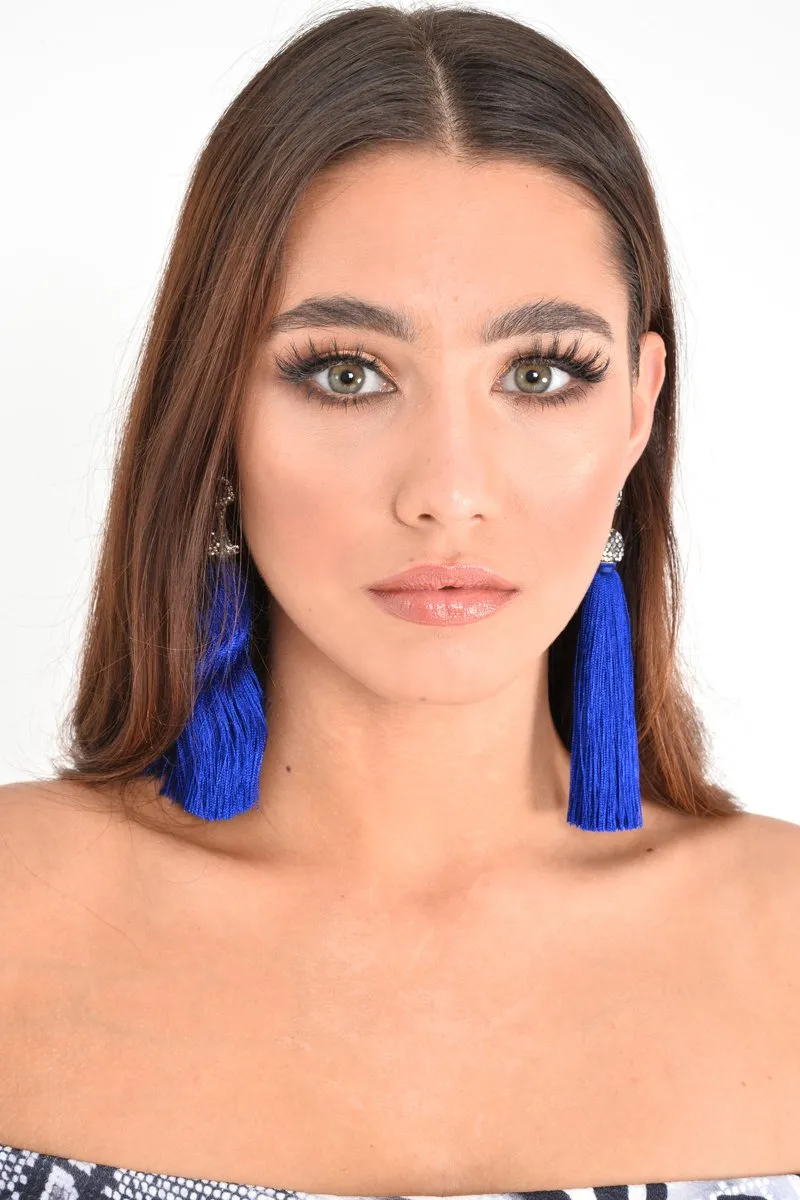 Blue Silver Diamante Detail Tassel Earrings - Lurley