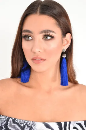 Blue Silver Diamante Detail Tassel Earrings - Lurley