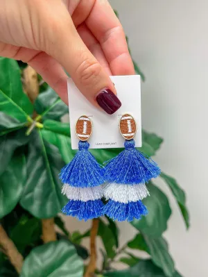 Football Tiered Glitter Tassel Dangle Earrings - Blue & White