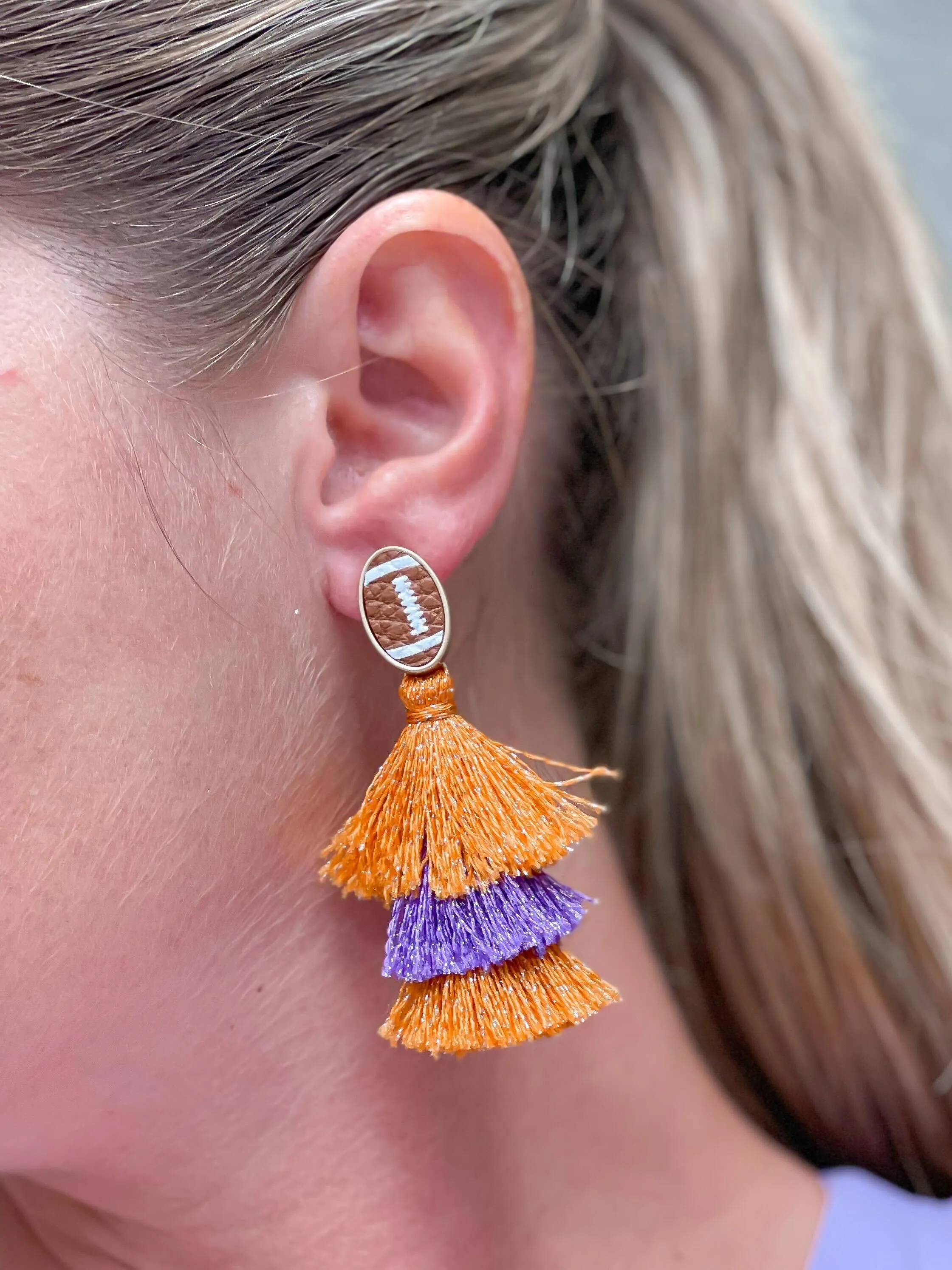 Football Tiered Glitter Tassel Dangle Earrings - Orange & Purple