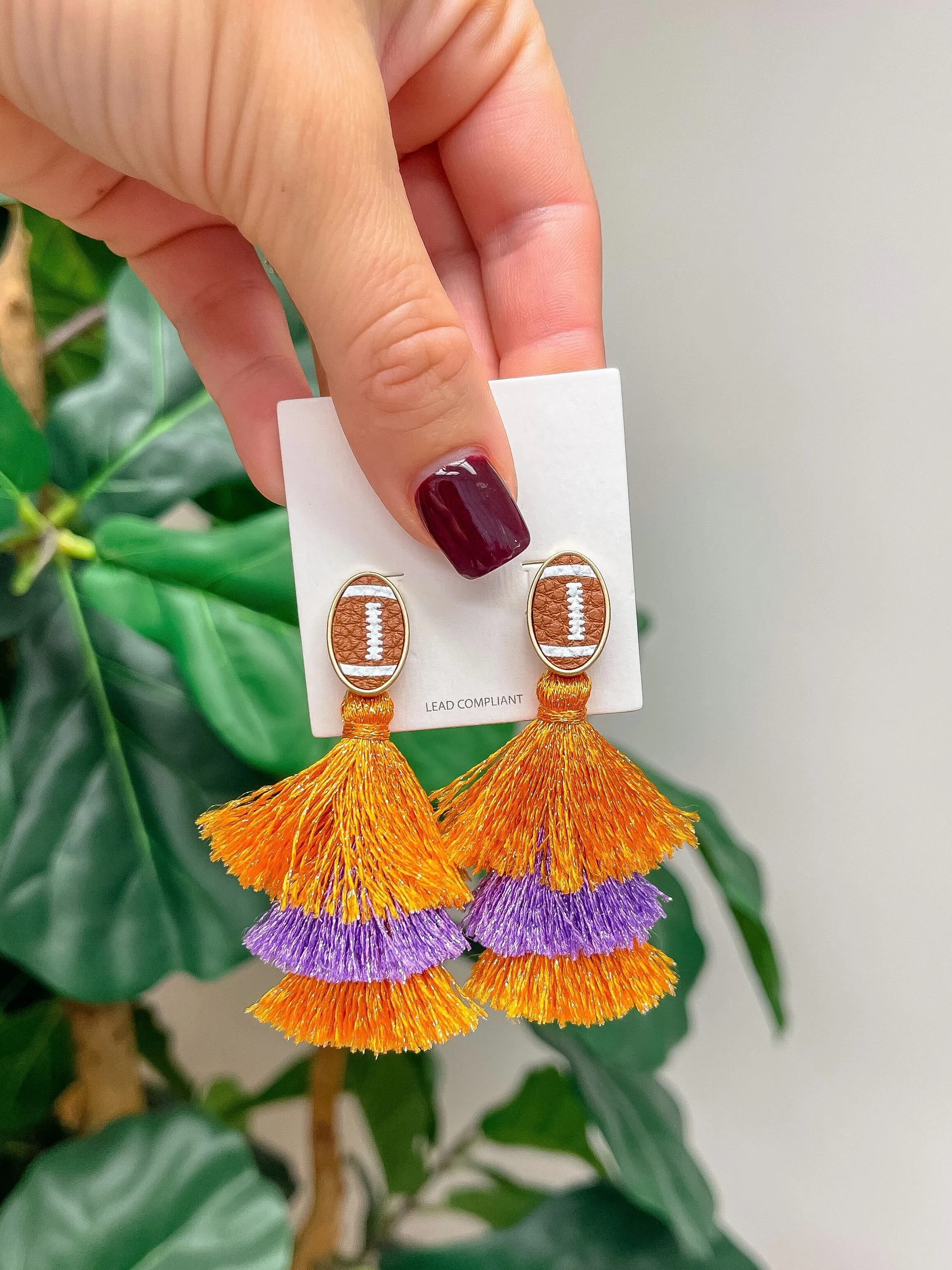 Football Tiered Glitter Tassel Dangle Earrings - Orange & Purple