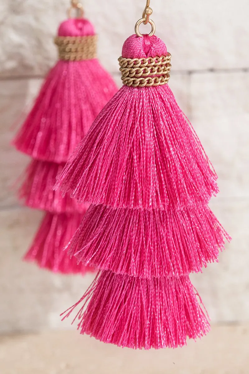 Fuchsia Triple Tiered Tassel Earrings