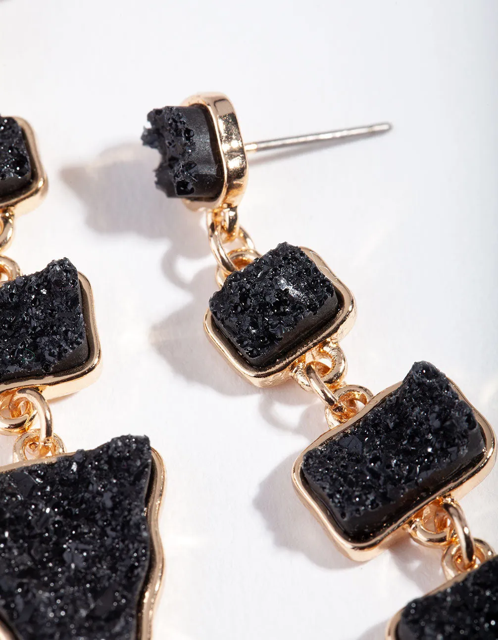 Gold Black Textured Geometric Stone Drop Earrings