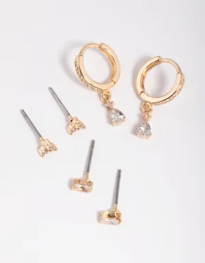 Gold Cubic Zirconia Dainty Stud & Huggie Earring Stack Pack