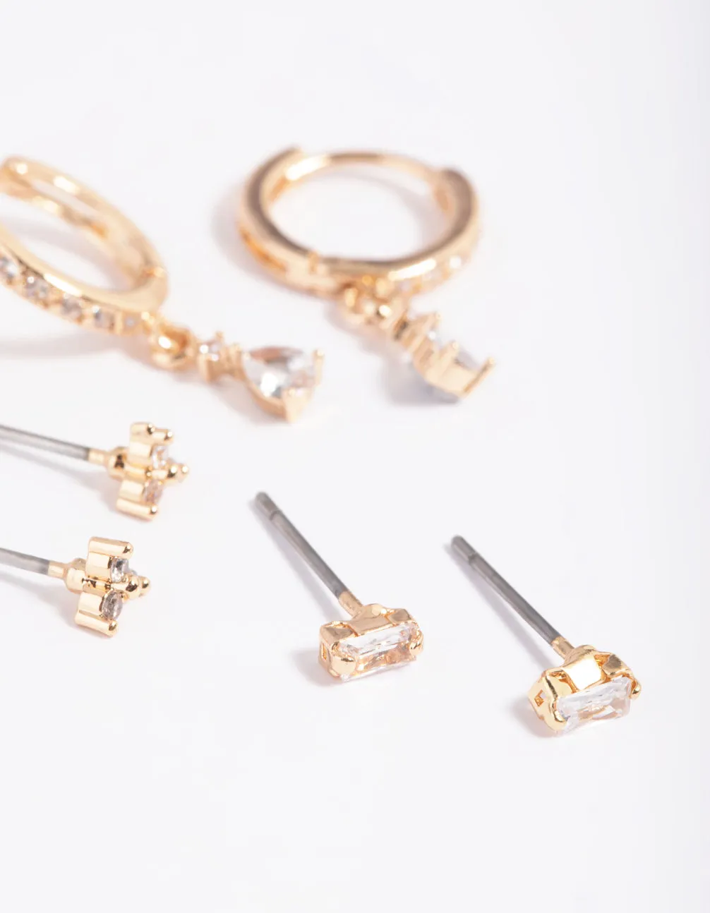 Gold Cubic Zirconia Dainty Stud & Huggie Earring Stack Pack