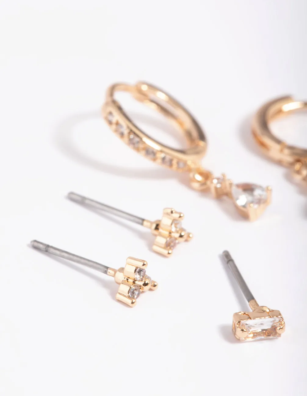 Gold Cubic Zirconia Dainty Stud & Huggie Earring Stack Pack