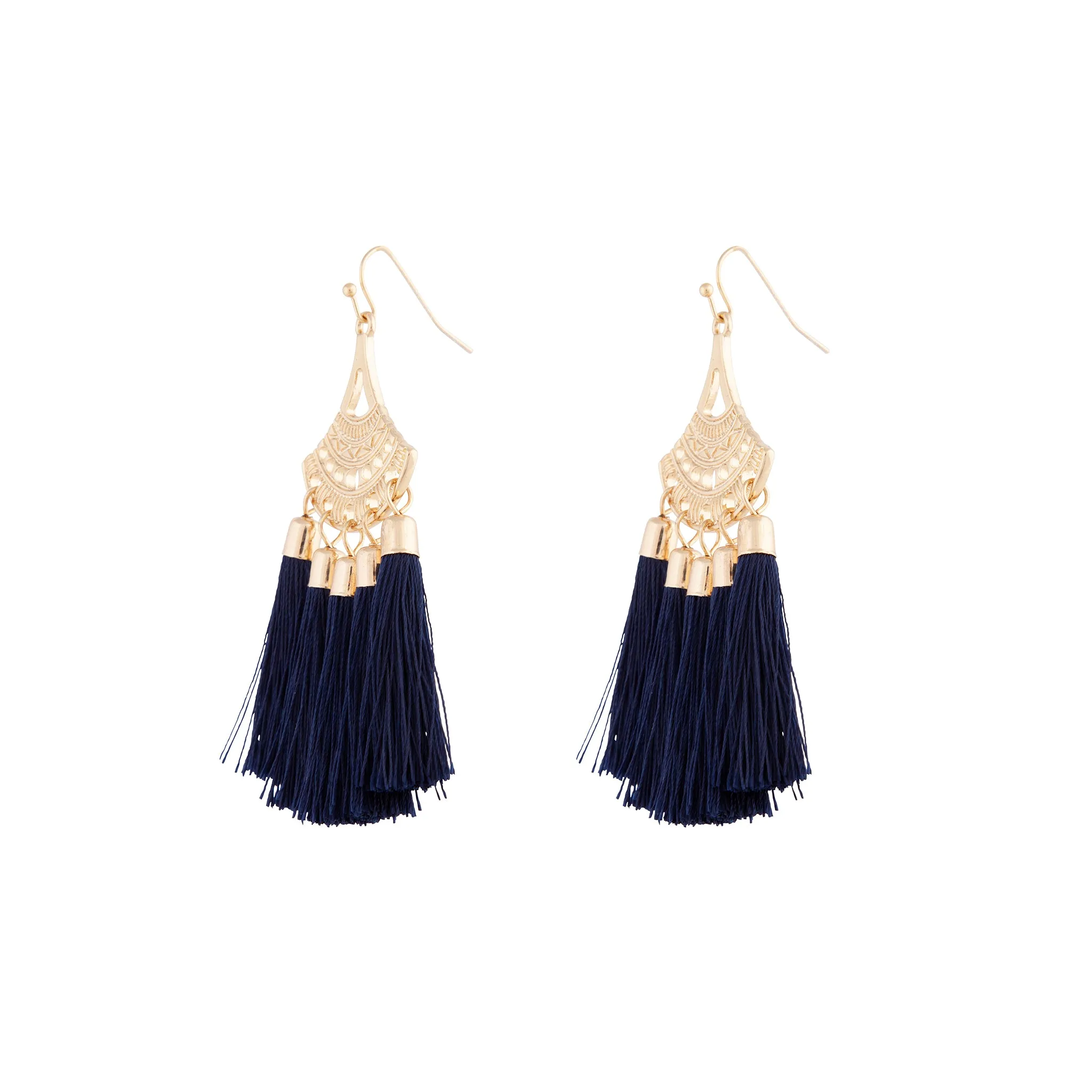 Gold Fan Drop 5 Navy Tassel Earrings