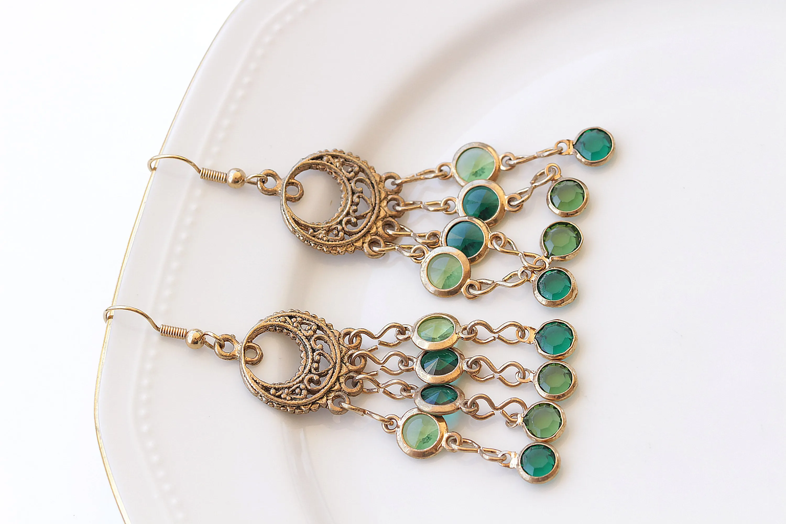 Green Gold Fringes Earrings