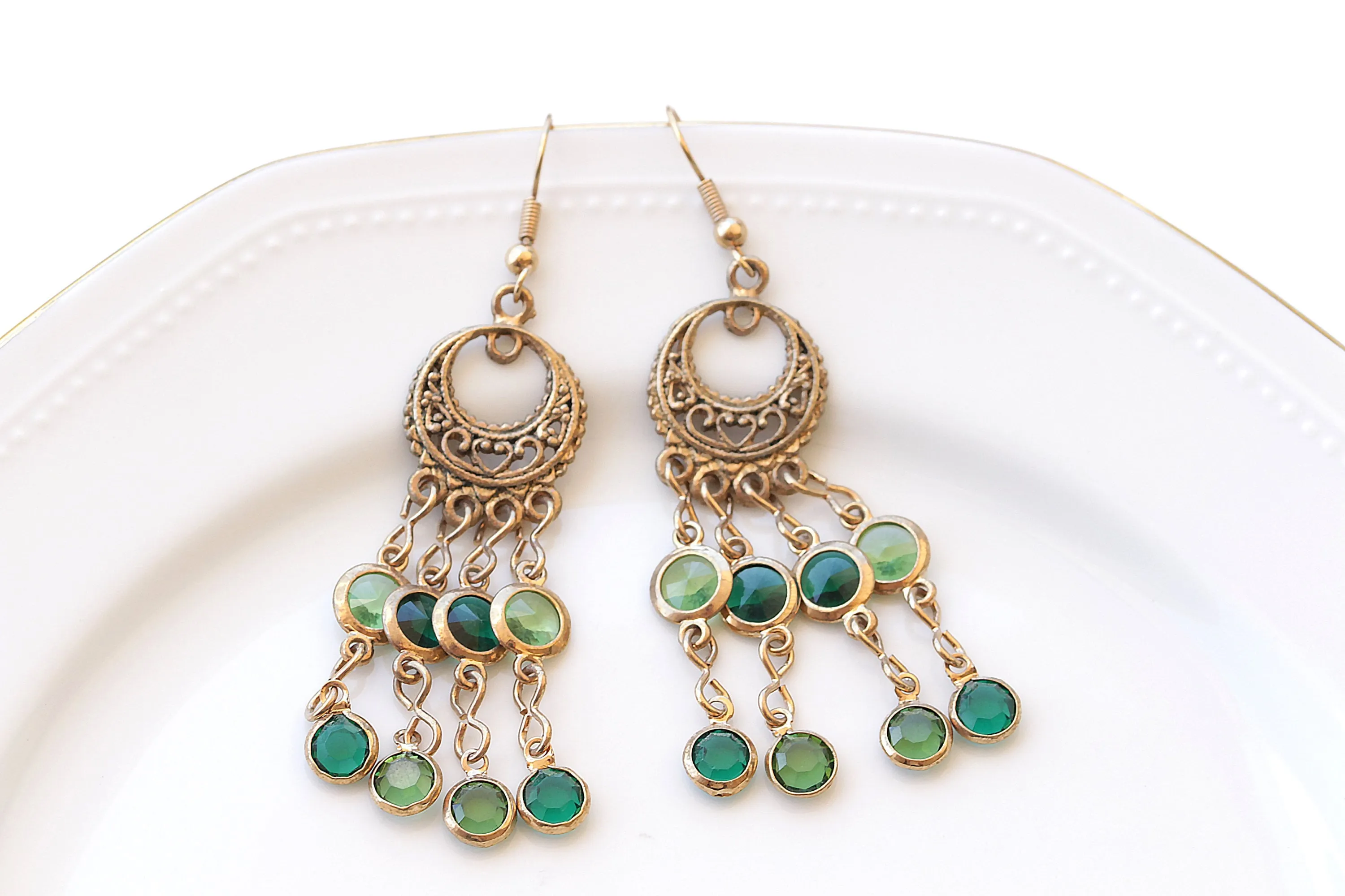 Green Gold Fringes Earrings