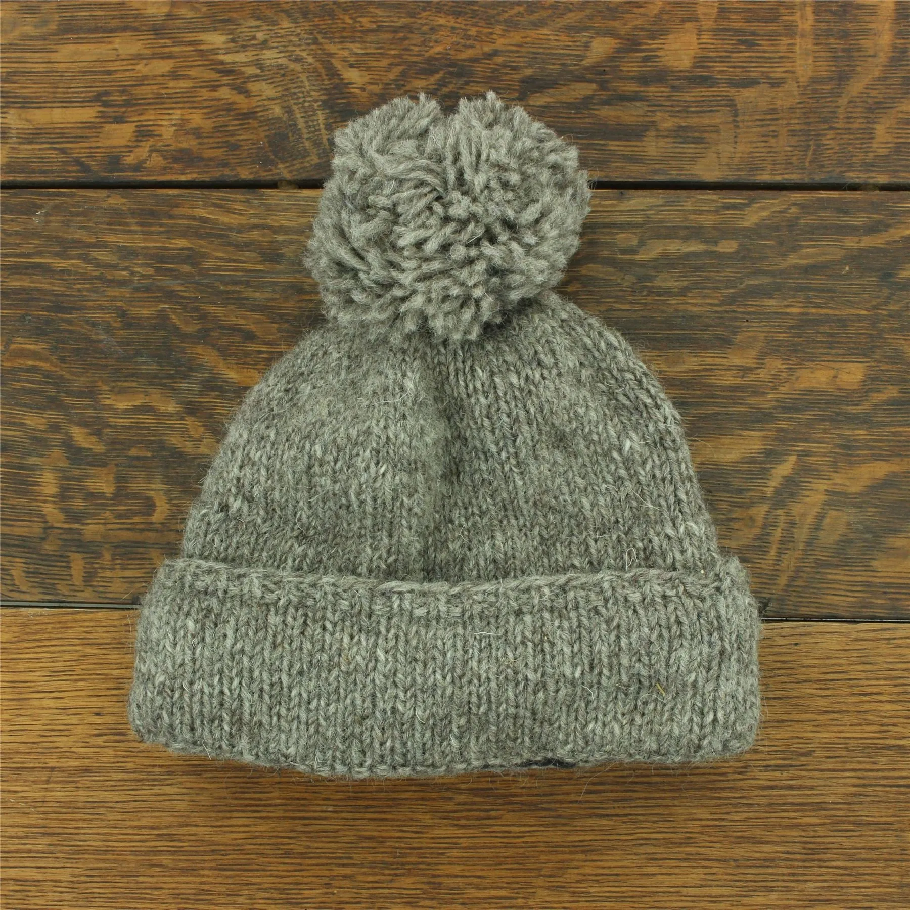 Hand Knitted Wool Beanie Bobble Hat - Plain Oatmeal