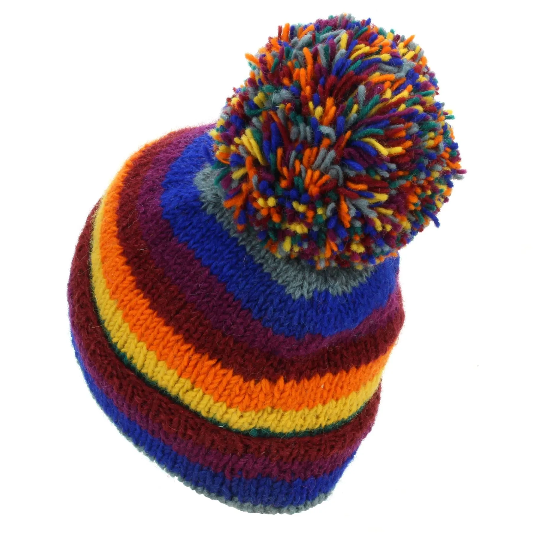 Hand Knitted Wool Beanie Bobble Hat - Stripe Rainbow 2