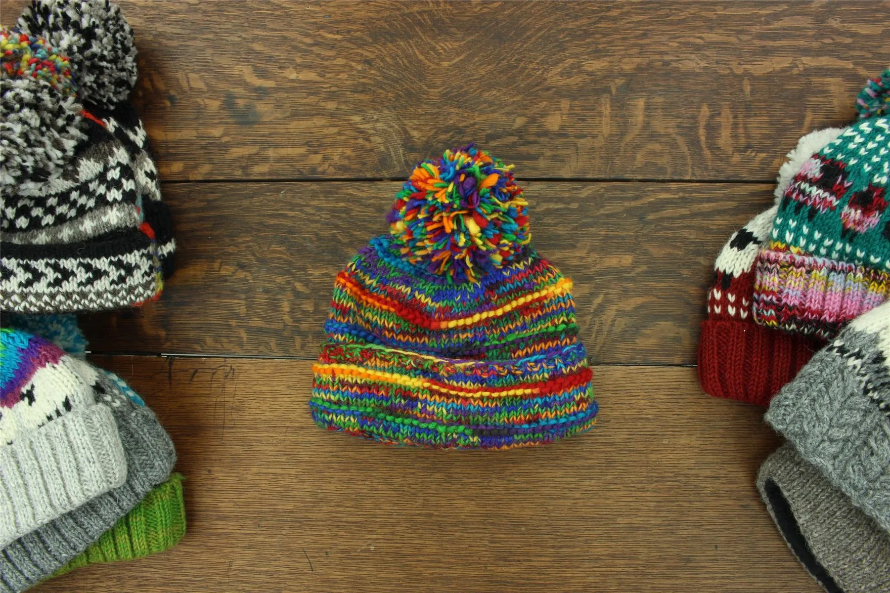 Hand Knitted Wool Beanie Bobble Hat - Stripe Rainbow 2