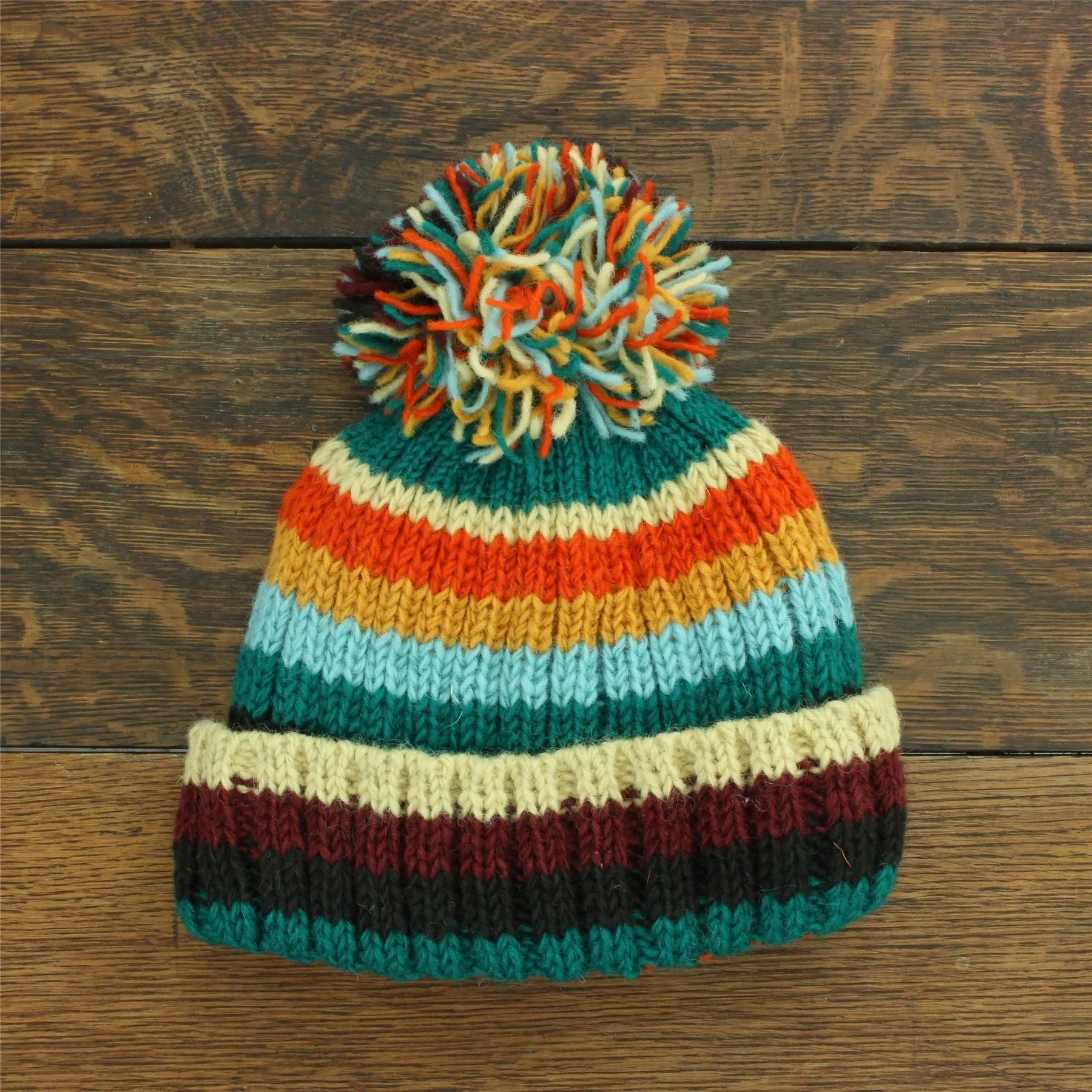 Hand Knitted Wool Beanie Bobble Hat - Stripe Retro D