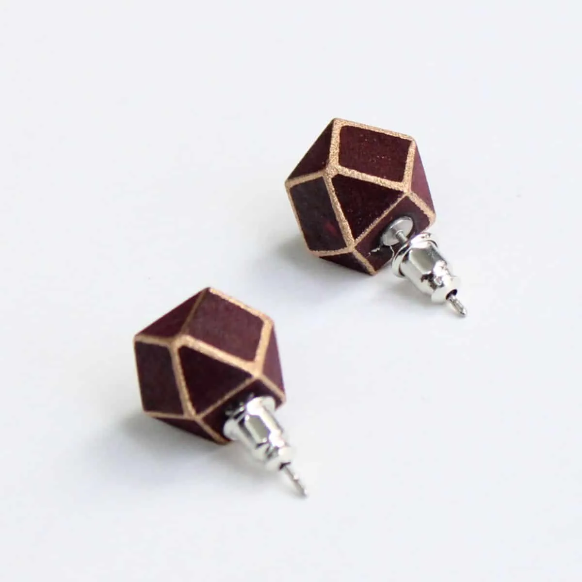 Handcrafted Burgundy Geometric Wooden Post Earrings