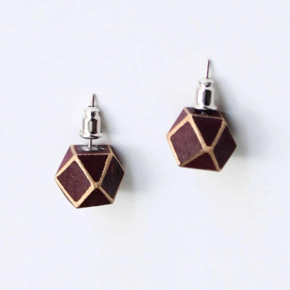 Handcrafted Burgundy Geometric Wooden Post Earrings