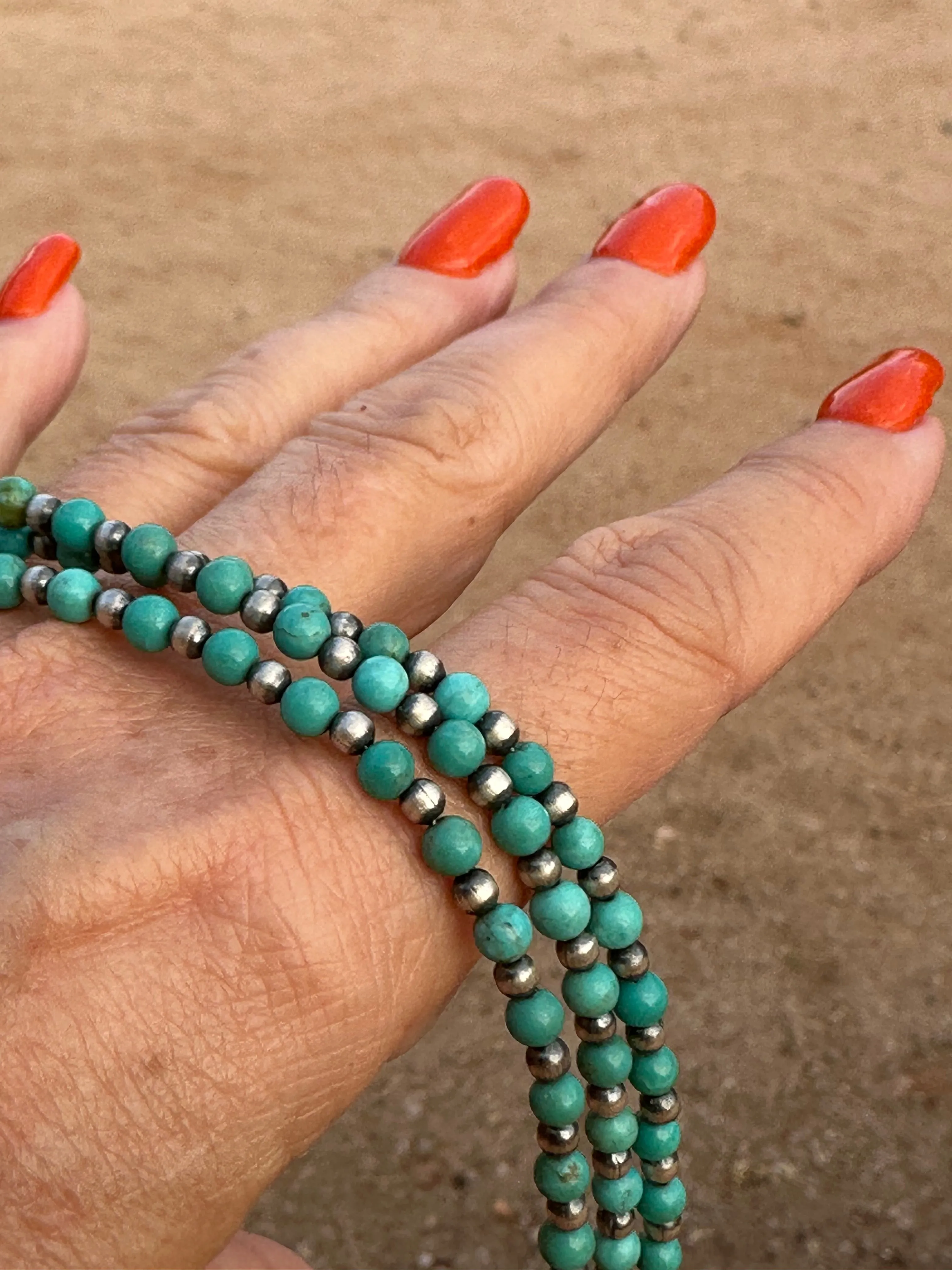 Handmade Kingman Turquoise and Sterling Silver Pearl Beaded Necklace 16” w/2 inch extender.