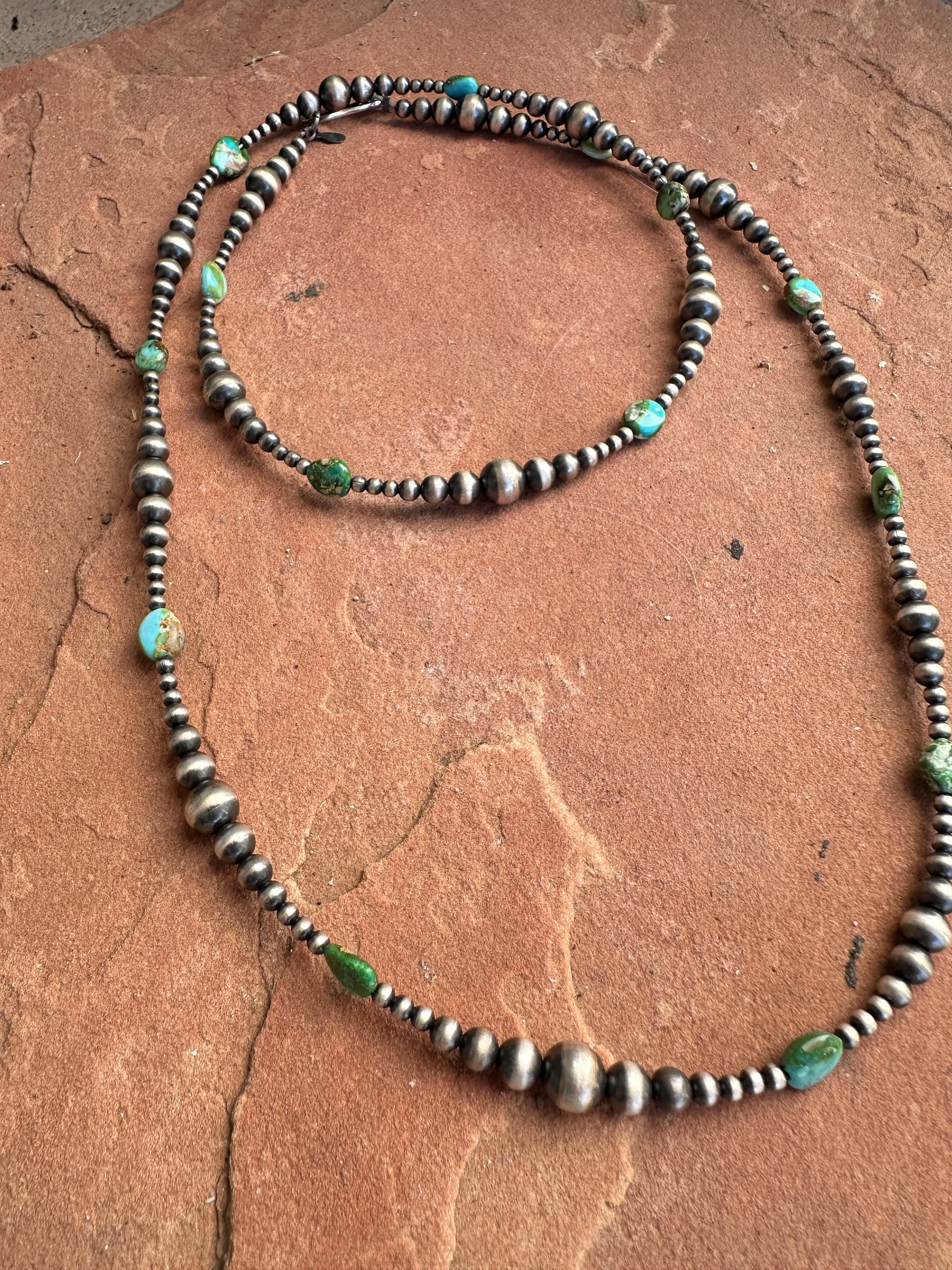 Handmade Sterling Silver & Sonoran Mountain Turquoise Beaded 37 Inch Necklace