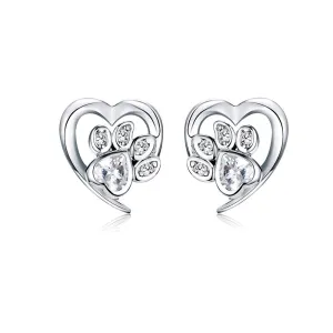 Love Heart Paw Sterling Silver Stud Earrings - Clear