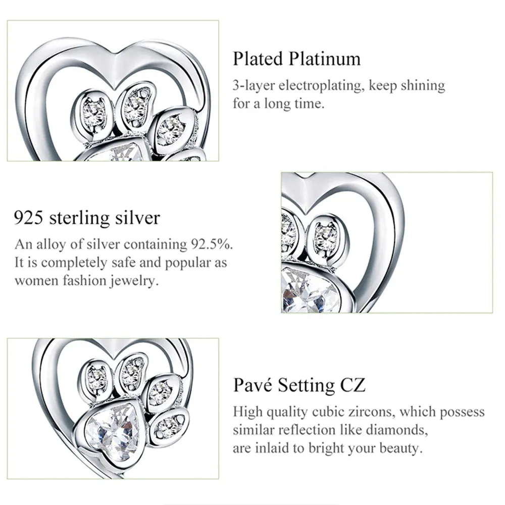 Love Heart Paw Sterling Silver Stud Earrings - Clear