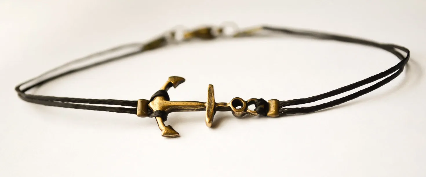 Men's bracelet with a bronze anchor charm, black cord, jewelry for man